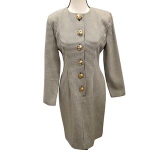 VTG 80/90s Santa Fe Houndstooth Blazer Coat Dress‎ Sz 2 Black White Gold Buttons
